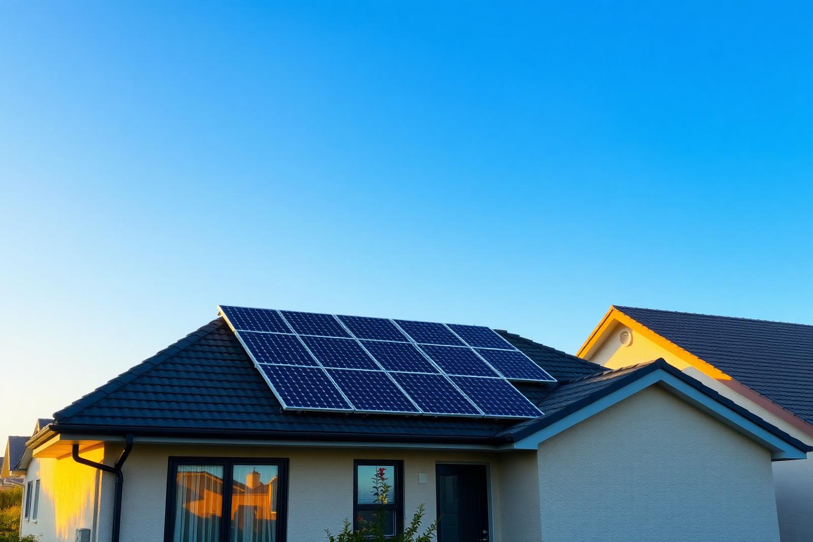 Modern home with rooftop solar panels under a clear sky